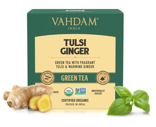 الشاي الأخضر بالتوسلي والزنجبيل Tulsi Ginger Green Tea من فادام Vahdam